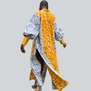 Rear view of the Savanna dress showing the central pattern and the high side slits for movement.