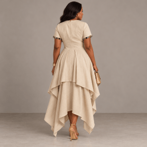 Back view of the beige Aduke linen dress with a fitted waist, layered skirt and Aso Oke sleeve trims.