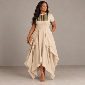 Front view of the beige Aduke linen occasion dress with an Aso Oke chest panel and layered asymmetric skirt.