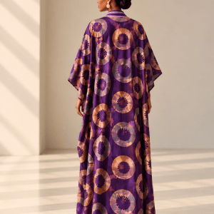 Back view of the Simi Silk Rayon Bubu in purple African tie-dye print, showing its full-length silhouette and wide kimono sleeves.